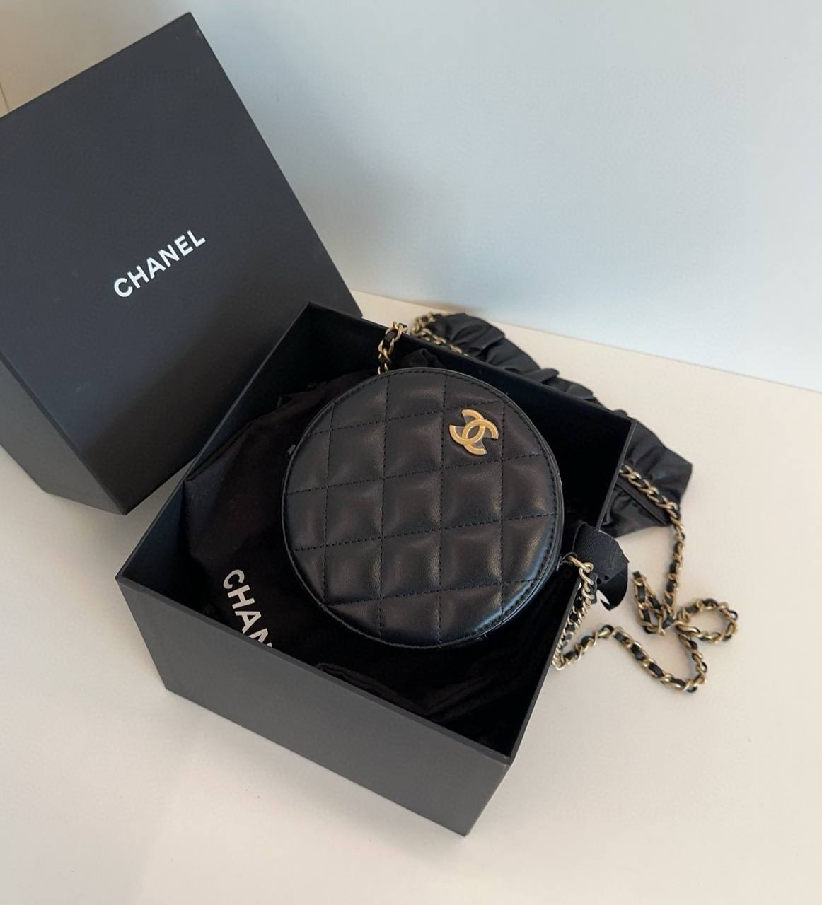 CHANEL Mini Round Vanity Case in Black Lambskin GHW - series 30