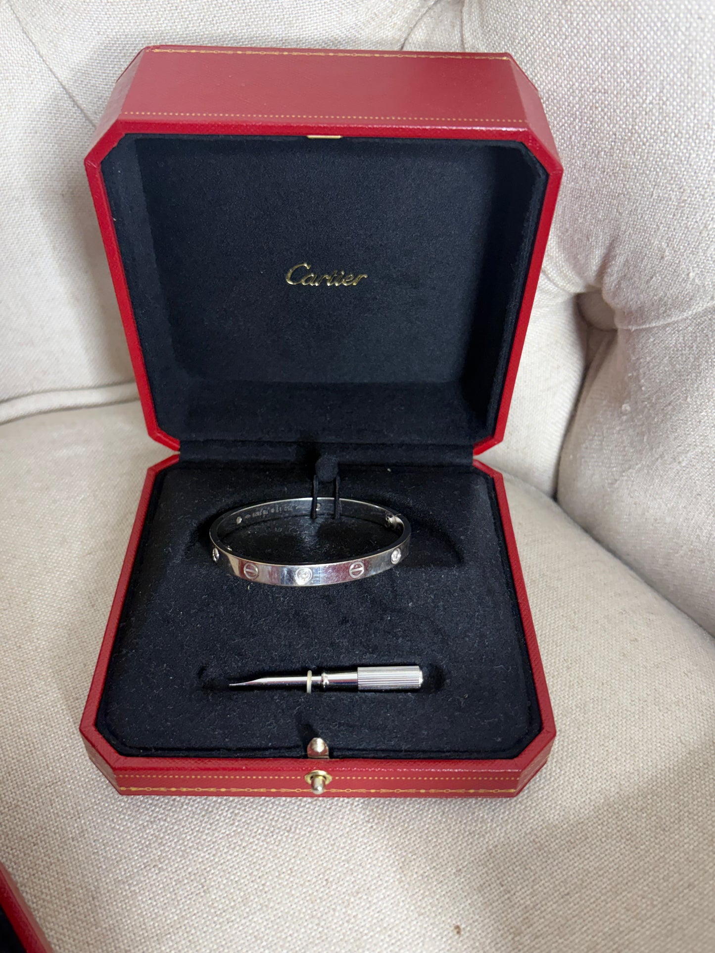 Cartier love Bracelet Classic Model White Gold 4, Diamonds size 17. Comes w Box.