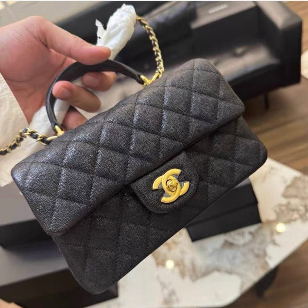 Chanel Mini Rectangular Top Handle in Black Caviar GHW - series 31