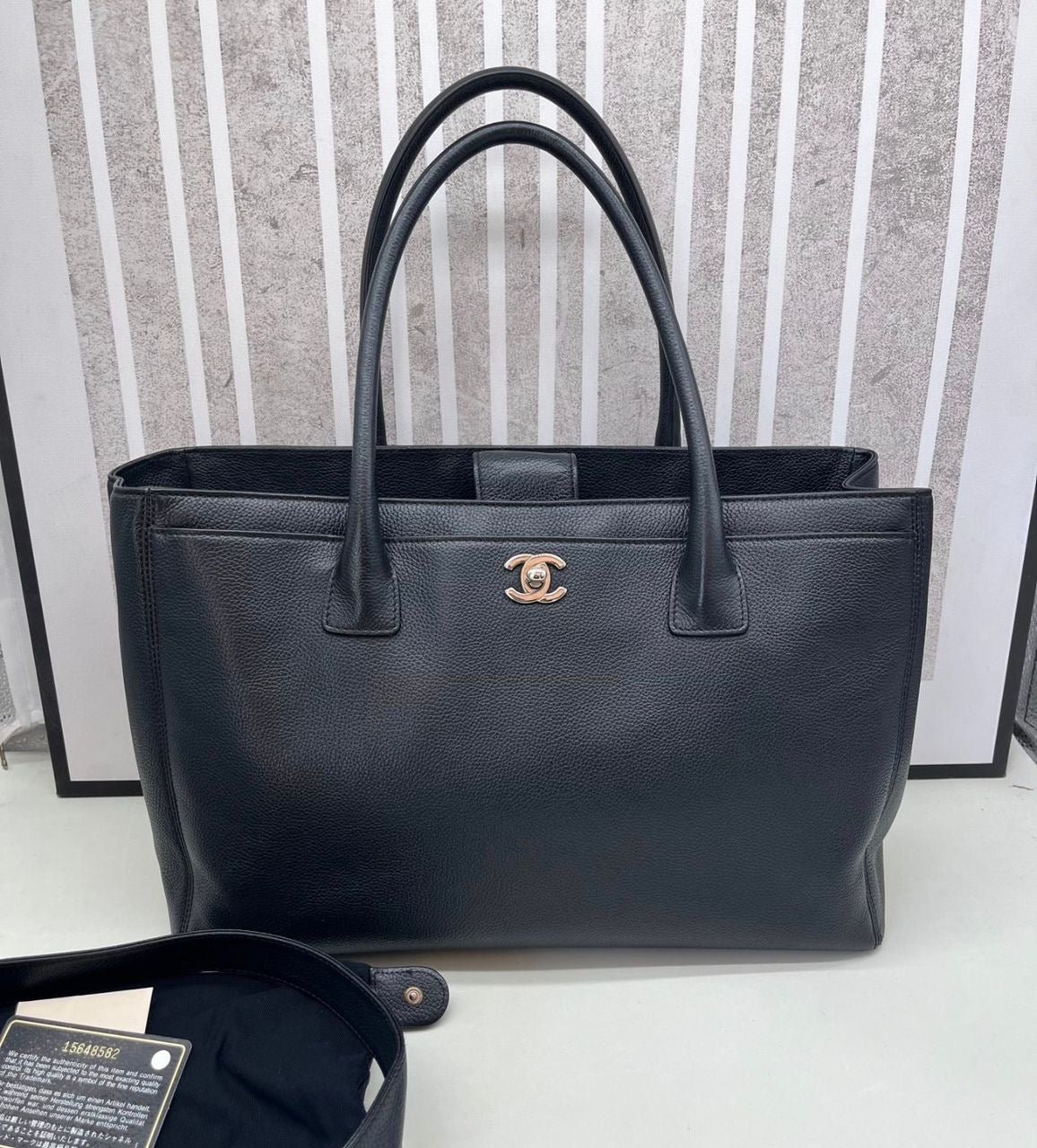 Vintage Chanel medium tote bag in black calfskin SHW series 19, have card and strap.