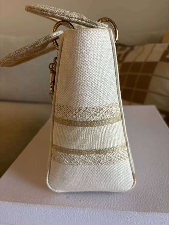 Christian Dior Medium Lady dior in white gold canvas handbag GHW