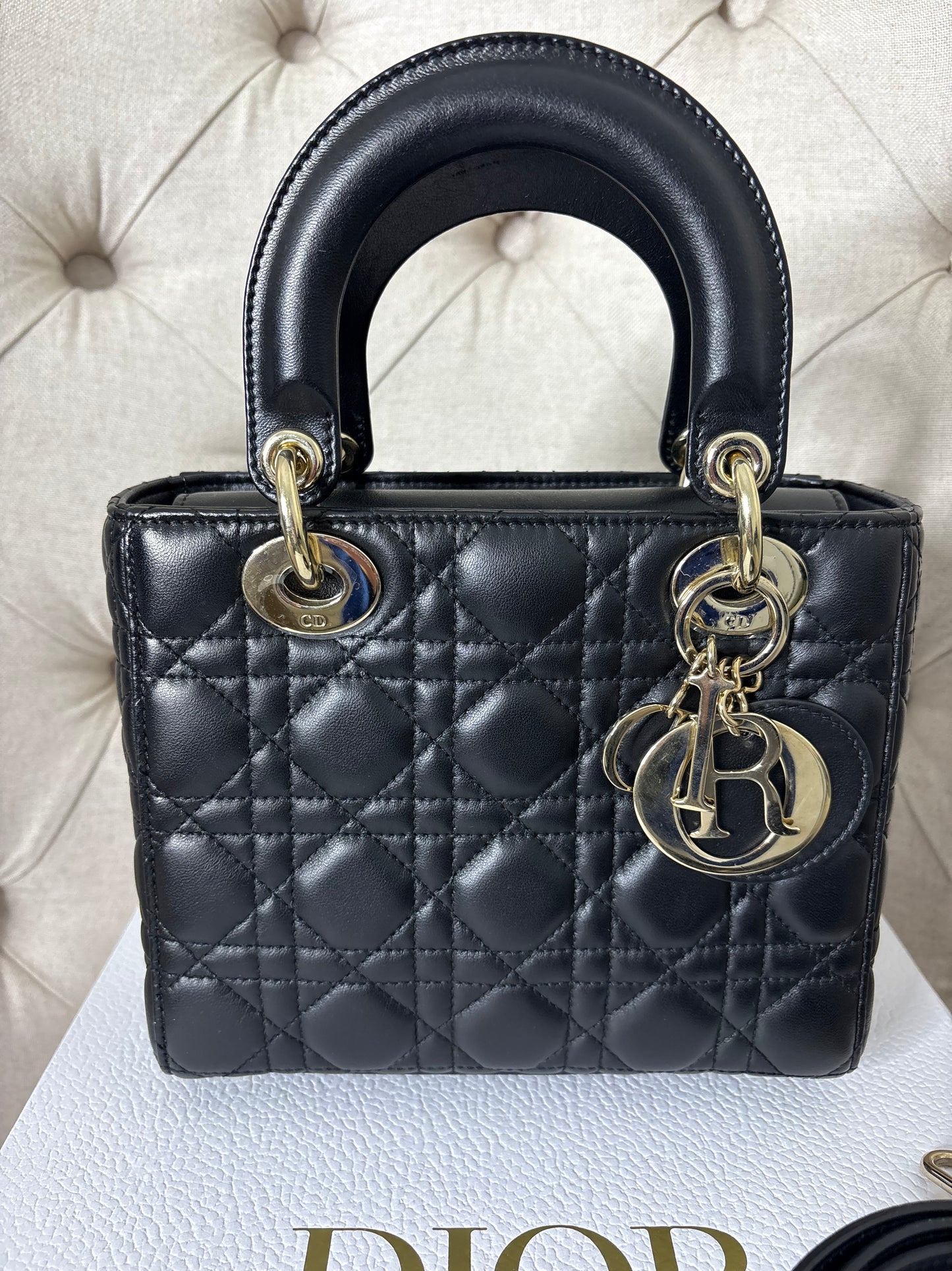 Small Lady Dior in Black Cannage Lambskin GHW. Comes with box