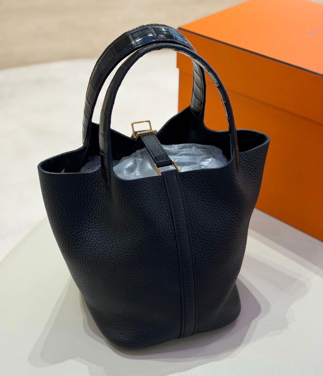 HERMES Picotin 18 Touch in Black TC/Crocodile Leather GHW - Z stamp (2021).full set cites & receipt