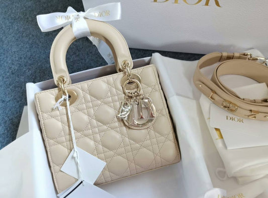 Small Lady Dior in Powder Beige Cannage Lambskin GHW