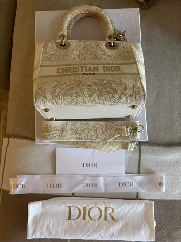 Christian Dior Medium Lady dior in white gold canvas handbag GHW