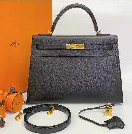 Hermes Kelly 32 in Black Epsom GHW - A Stamp (2017)
