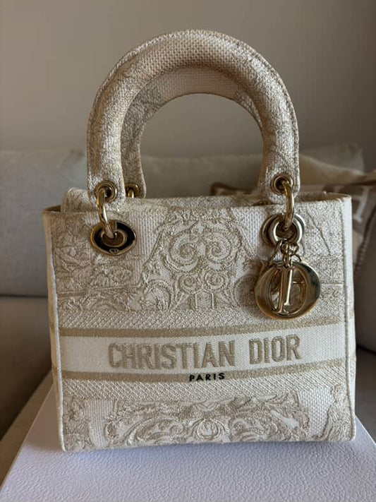 Christian Dior Medium Lady dior in white gold canvas handbag GHW
