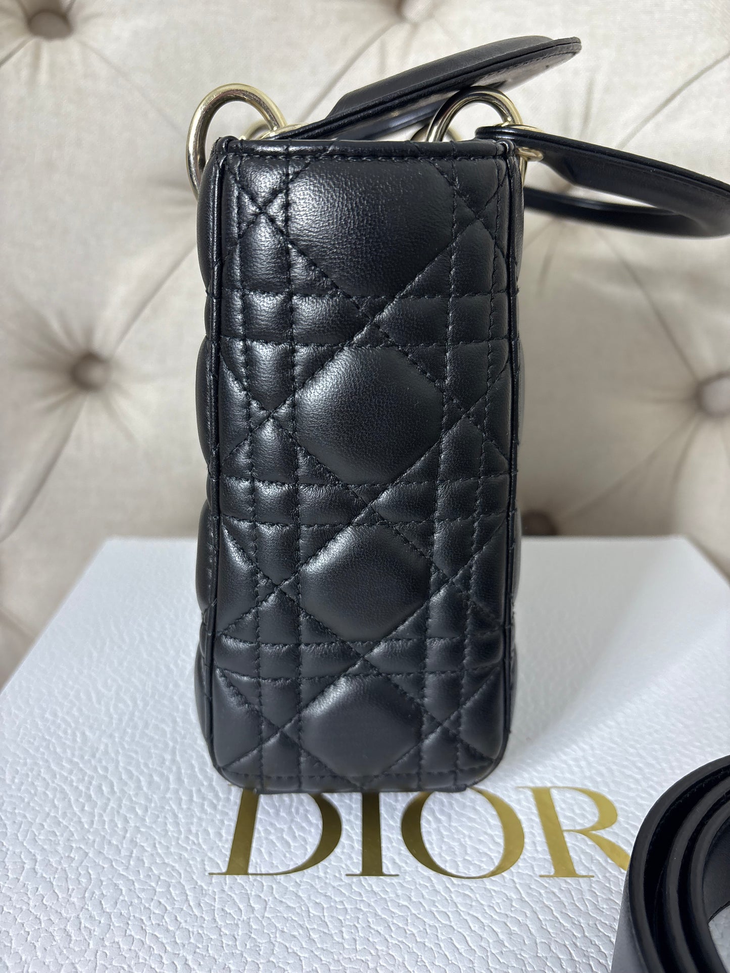 Small Lady Dior in Black Cannage Lambskin GHW. Comes with box