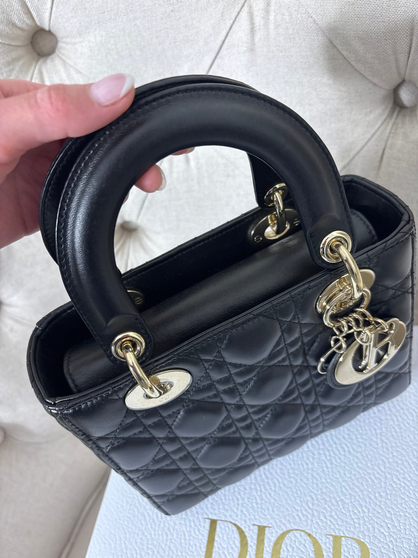 Small Lady Dior in Black Cannage Lambskin GHW. Comes with box