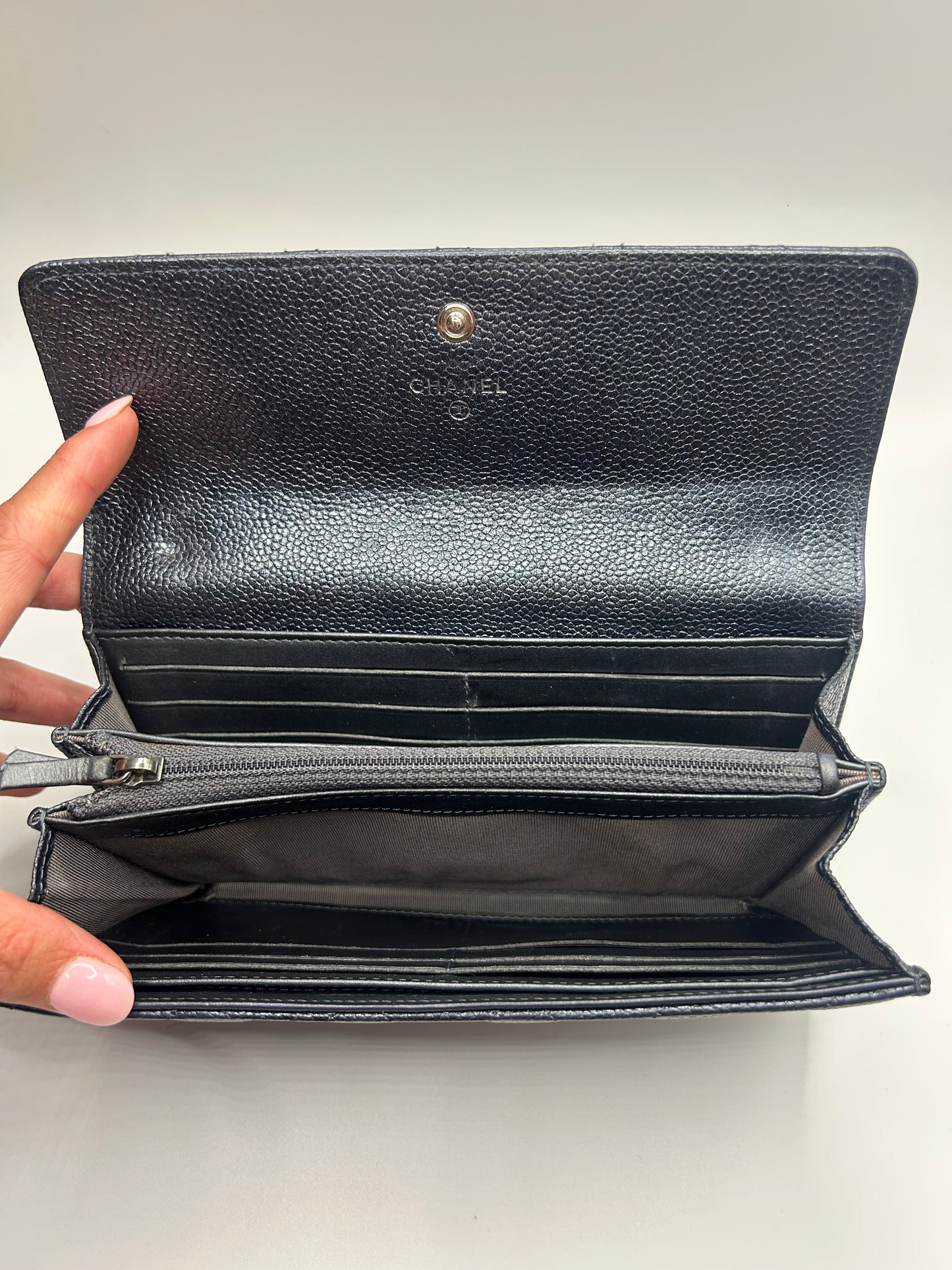Chanel Long Flap Grey Wallet in Caviar Leather SHW