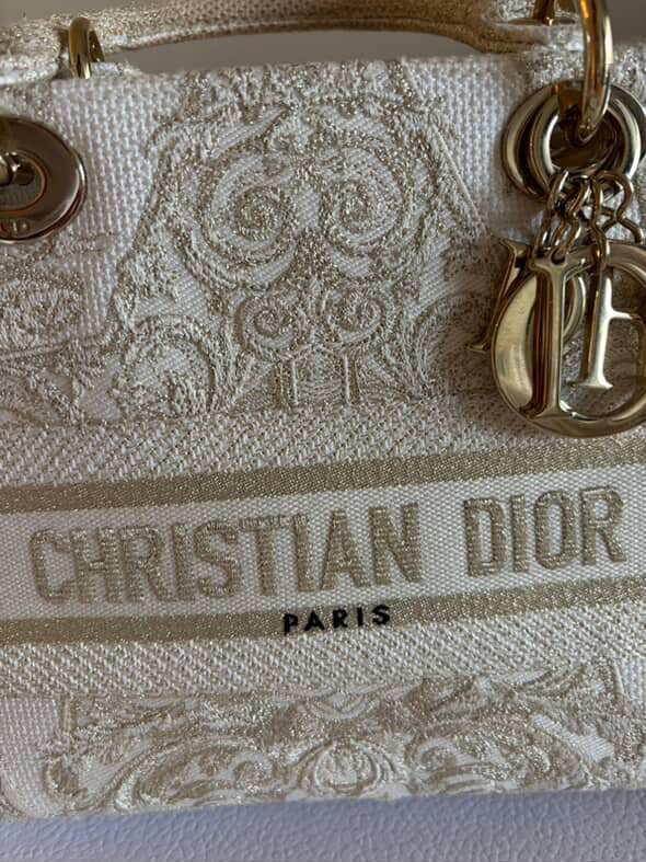 Christian Dior Medium Lady dior in white gold canvas handbag GHW