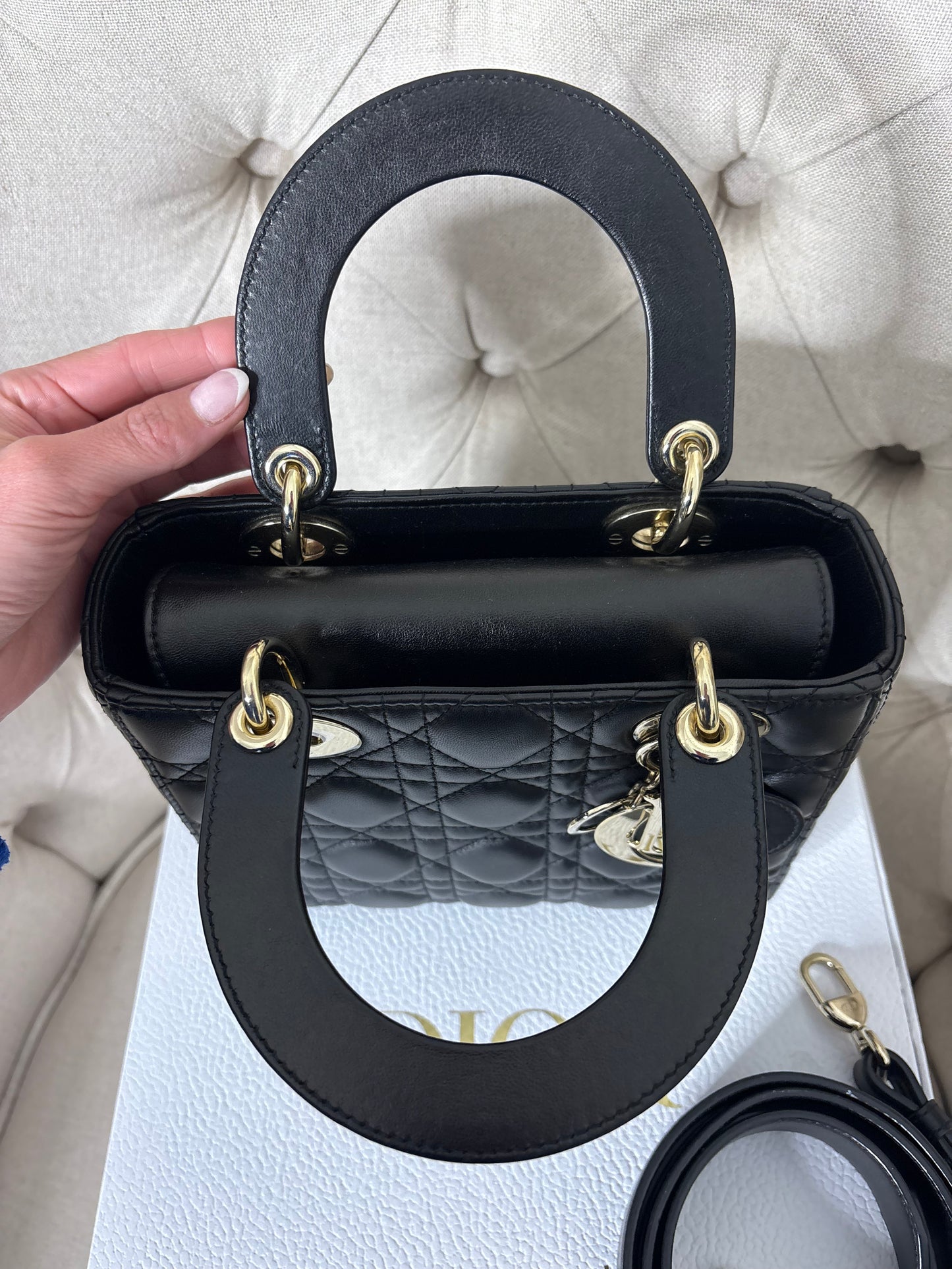 Small Lady Dior in Black Cannage Lambskin GHW. Comes with box