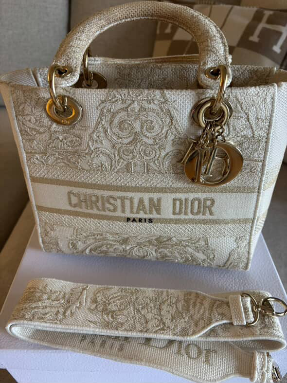 Christian Dior Medium Lady dior in white gold canvas handbag GHW