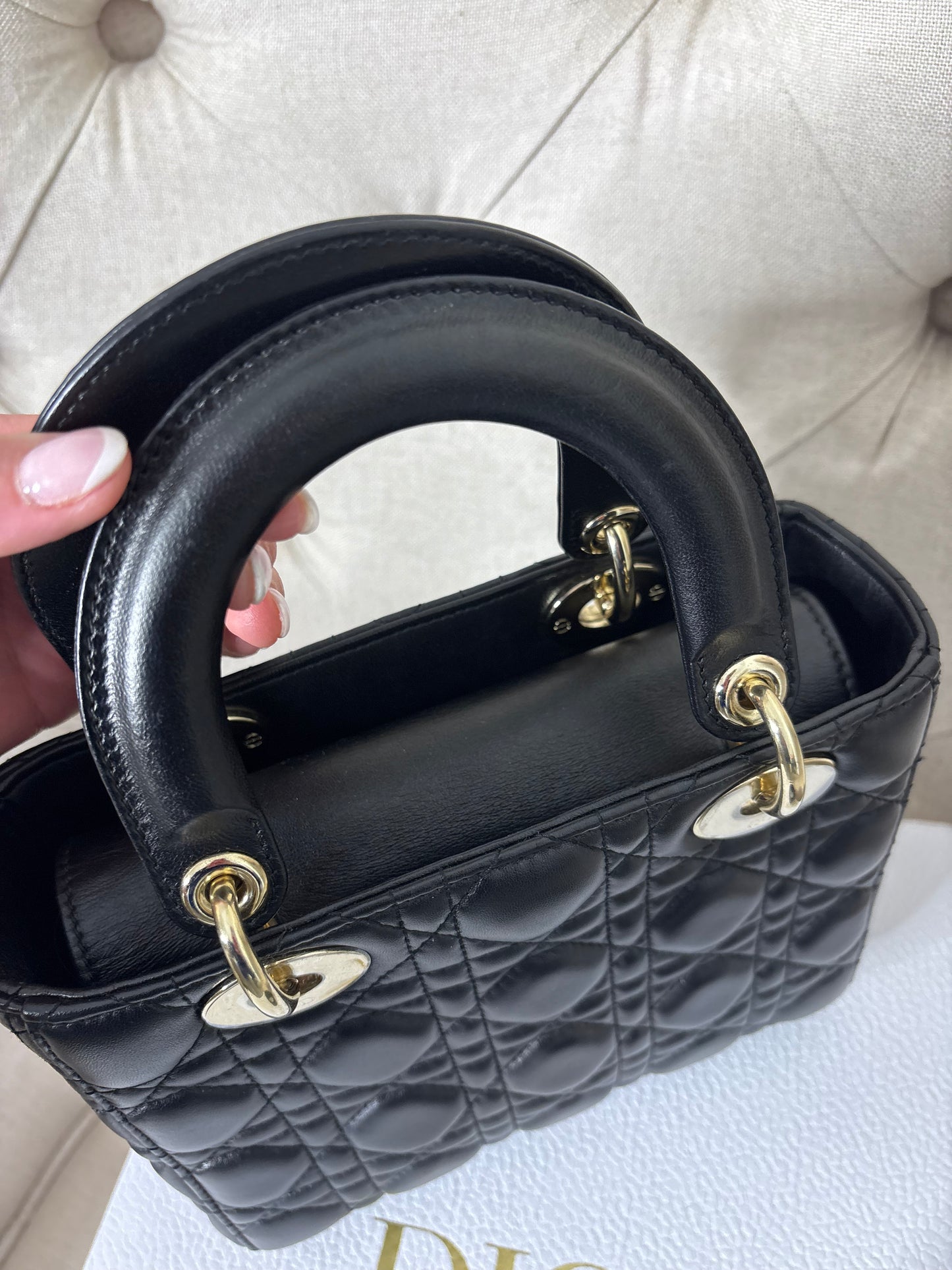 Small Lady Dior in Black Cannage Lambskin GHW. Comes with box