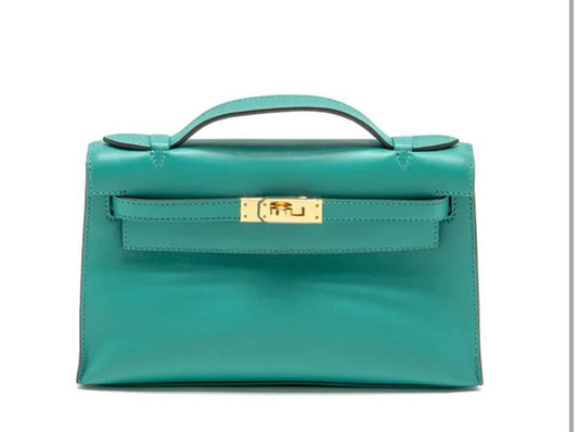 Hermes Kelly Pochette Swift Vert Verone GHW- C stamp(2018). Fullset with receipt)(Australia seller).