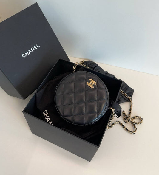 CHANEL Mini Round Vanity Case in Black Lambskin GHW - series 30