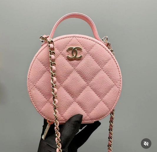 Chanel Quilted Round Mini Pouch W handle in Pink Caviar GHW -Series 31 (2021)