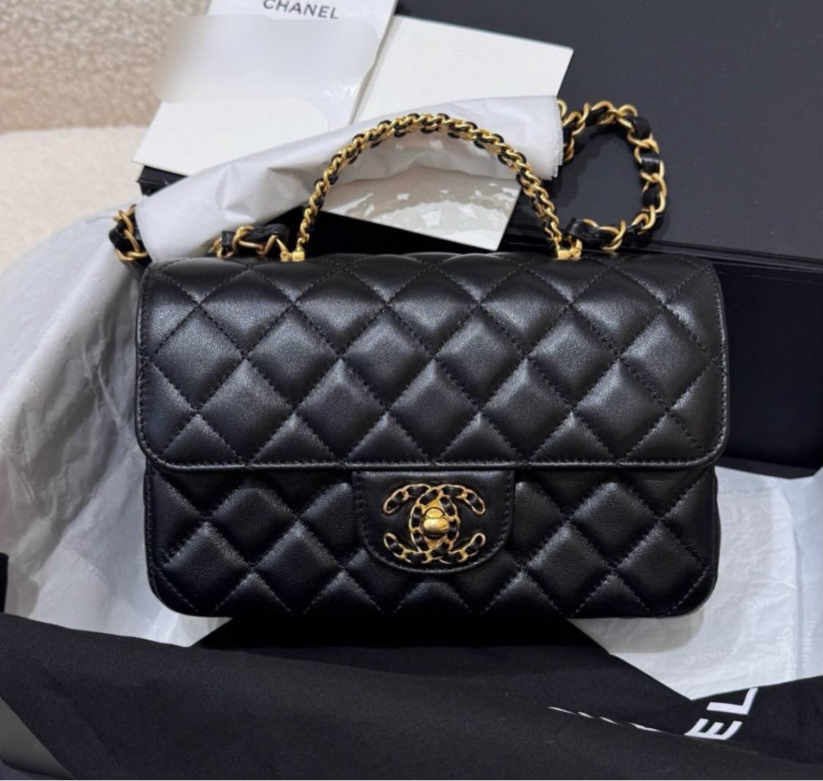 Brand New Chanel 24C Crystal Top Handle Flap Bag in Black Lambskin GHW - microchip. Full set w receipt.
