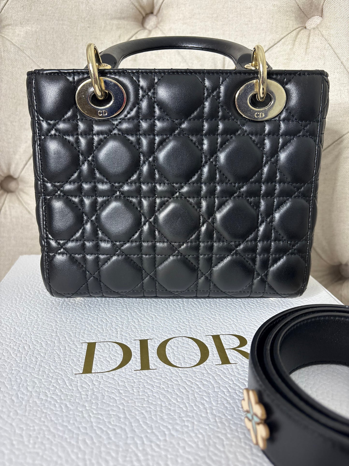 Small Lady Dior in Black Cannage Lambskin GHW. Comes with box