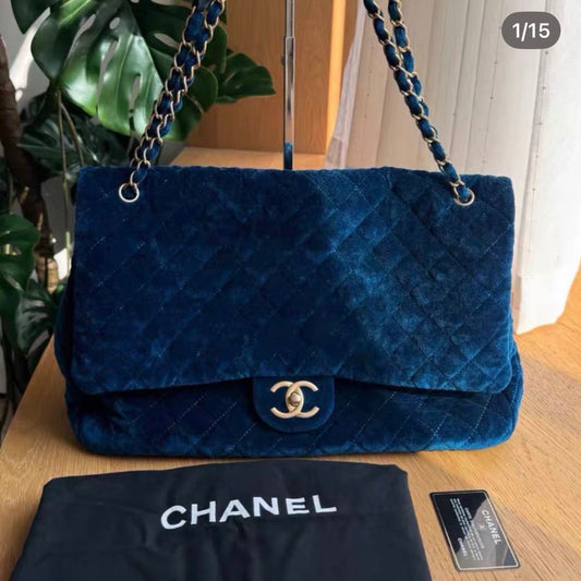 Chanel XXL Flap Bag in Blue Velvet GHW - series 23. comes with card and dustbag. Pristine condition