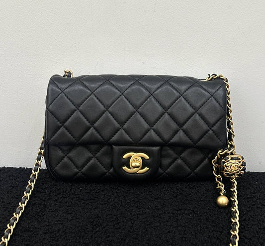 CHANEL Mini Rectangular Adjustable Chain in Black Lambskin GHW - microchip