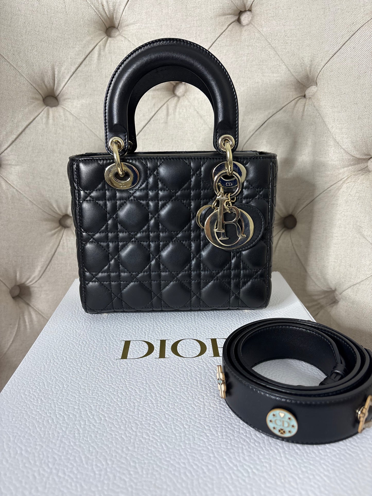 Small Lady Dior in Black Cannage Lambskin GHW. Comes with box