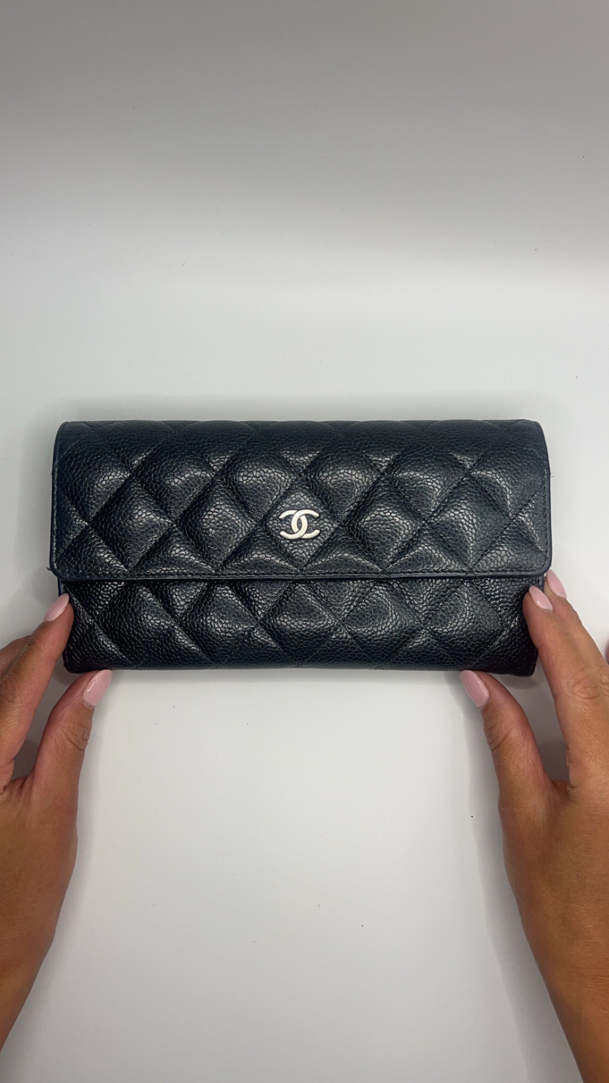 Chanel Long Flap Grey Wallet in Caviar Leather SHW