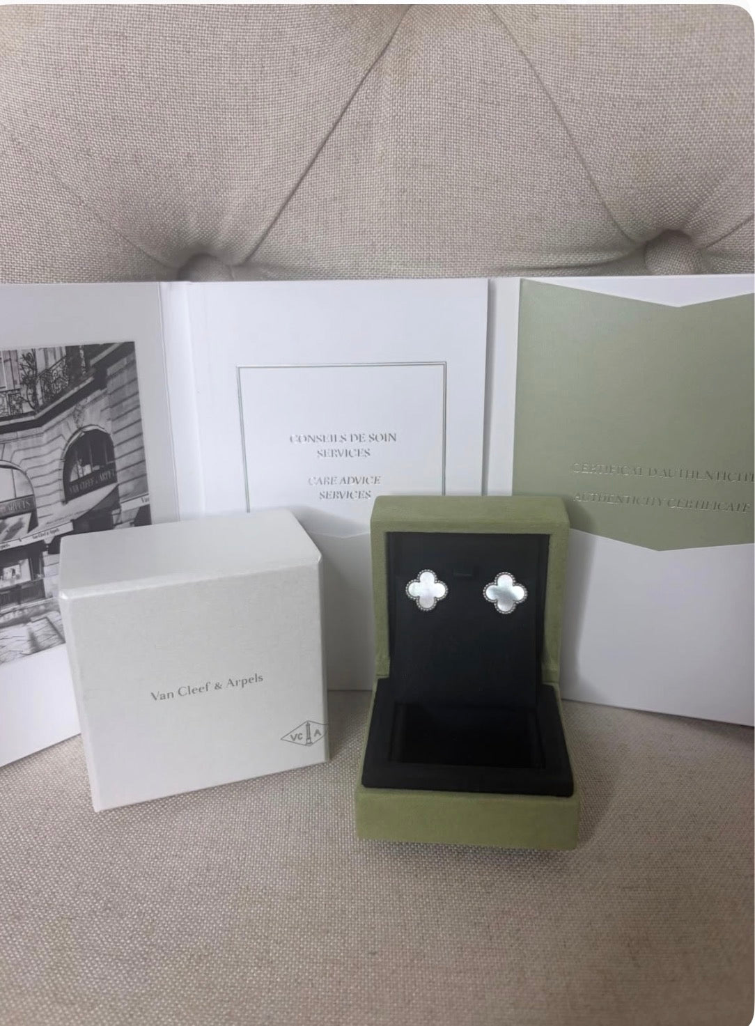 Van Cleef & Arpels Vintage Alhambra earrings
18K white gold, Mother-of-pearl. 
Comes with box and certificate