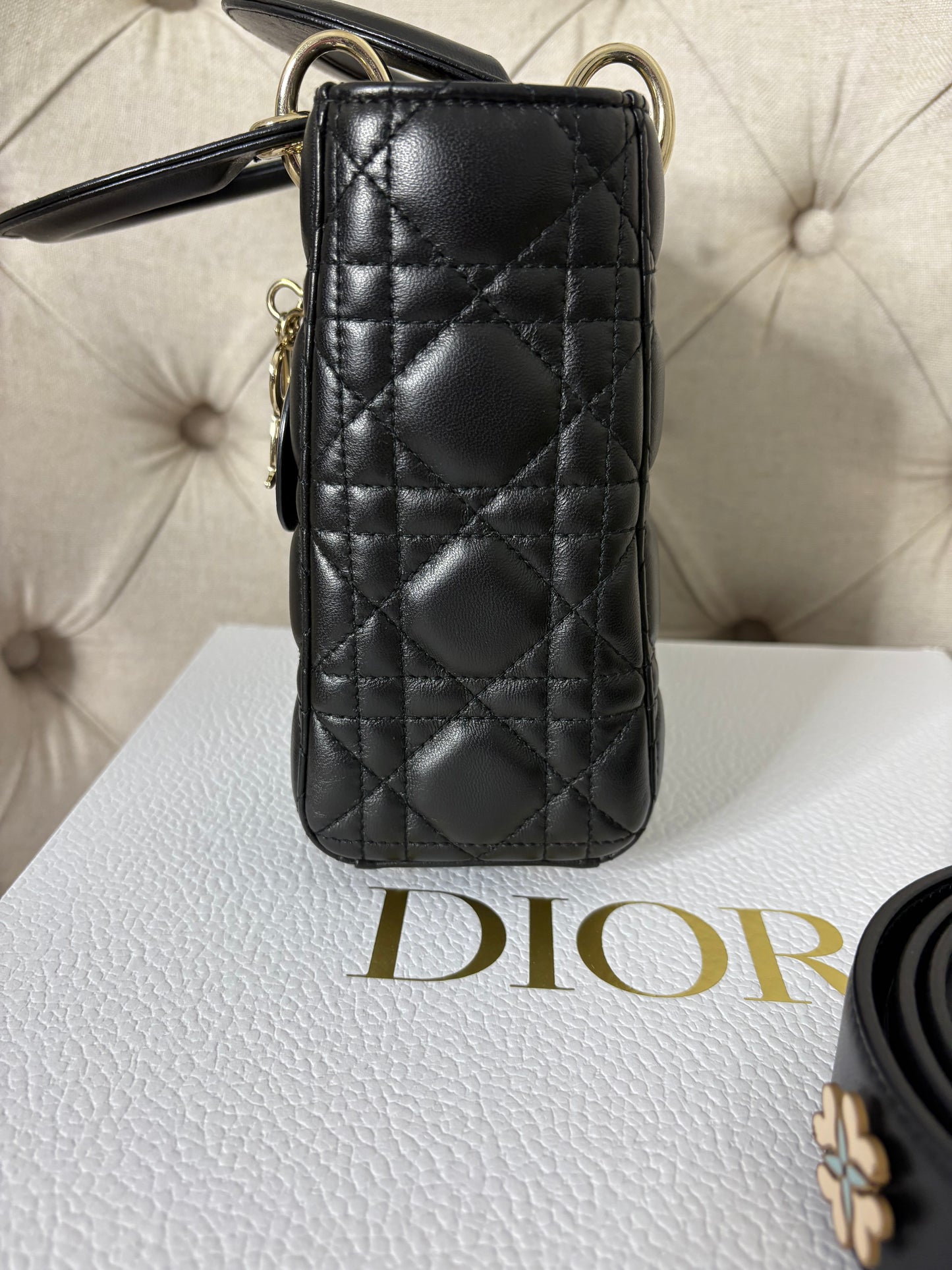 Small Lady Dior in Black Cannage Lambskin GHW. Comes with box