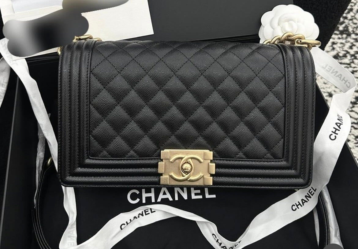 Chanel Boy Medium in Black Caviar GHW -microchip
