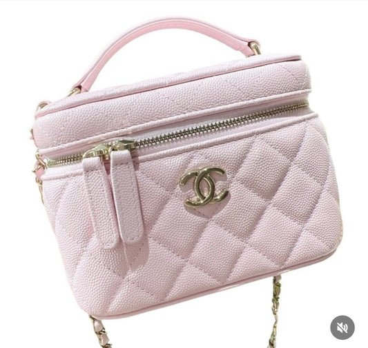 Chanel Mini Vanity Bag Top Handle in Pink Caviar GHW - microchip