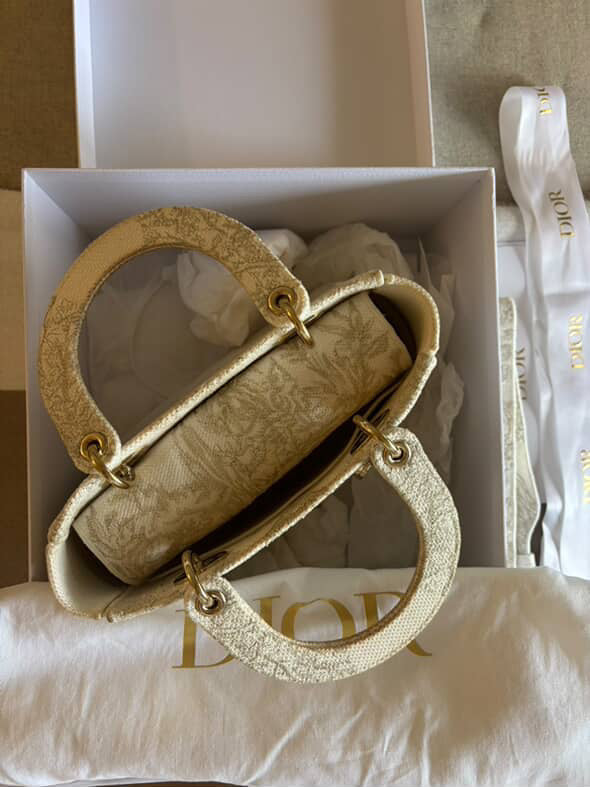 Christian Dior Medium Lady dior in white gold canvas handbag GHW