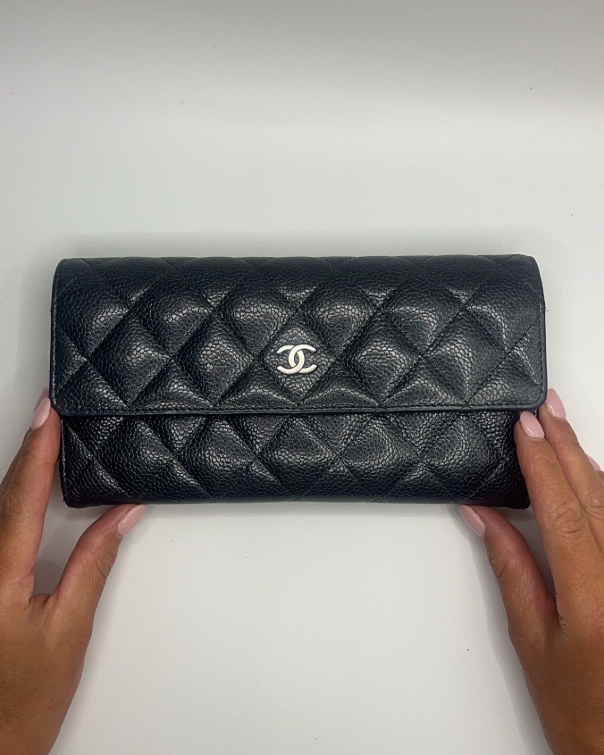 Chanel Long Flap Grey Wallet in Caviar Leather SHW