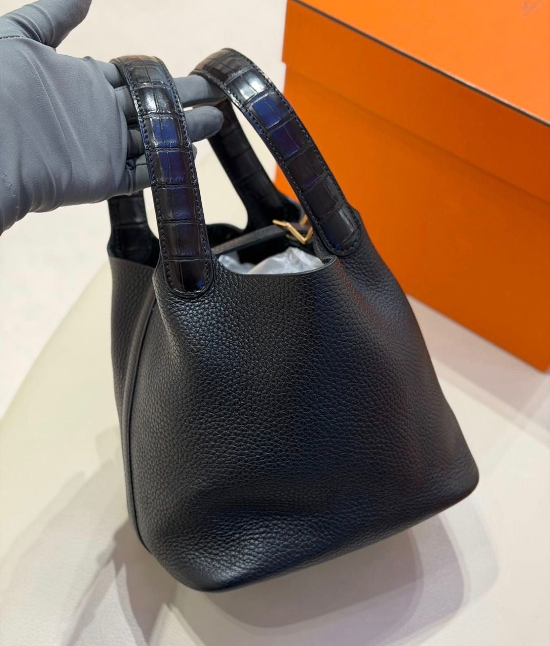 HERMES Picotin 18 Touch in Black TC/Crocodile Leather GHW - Z stamp (2021).full set cites & receipt