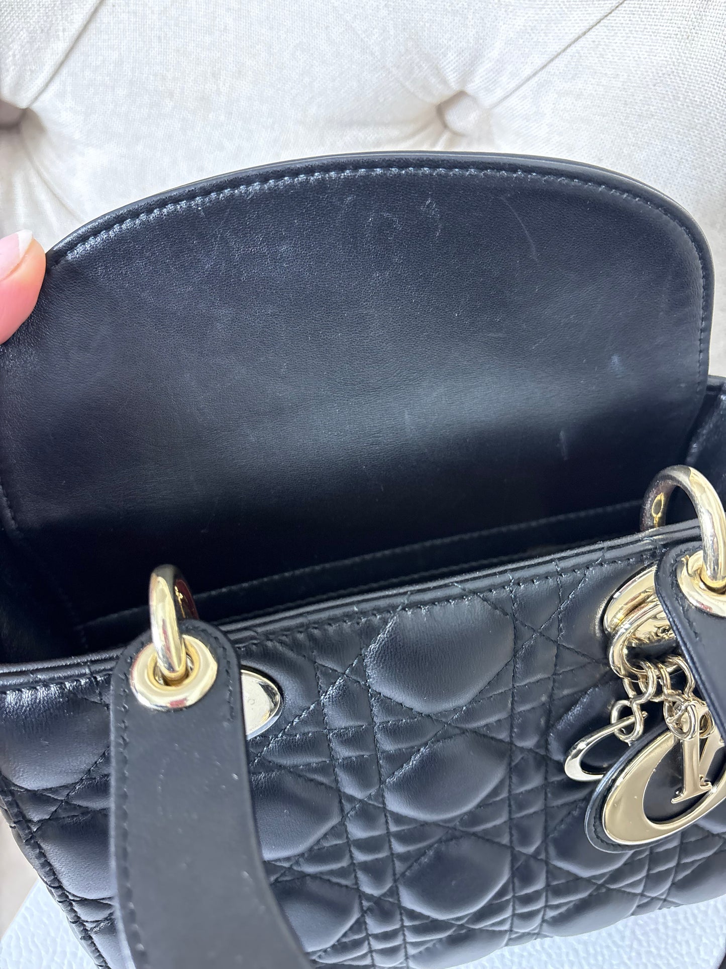 Small Lady Dior in Black Cannage Lambskin GHW. Comes with box