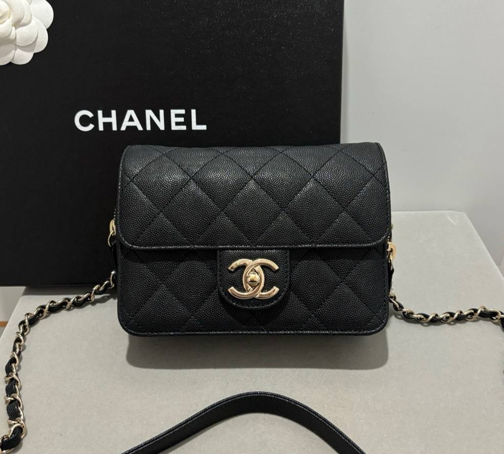 CHANEL 22C Mini Square in Black Caviar GHW - microchip