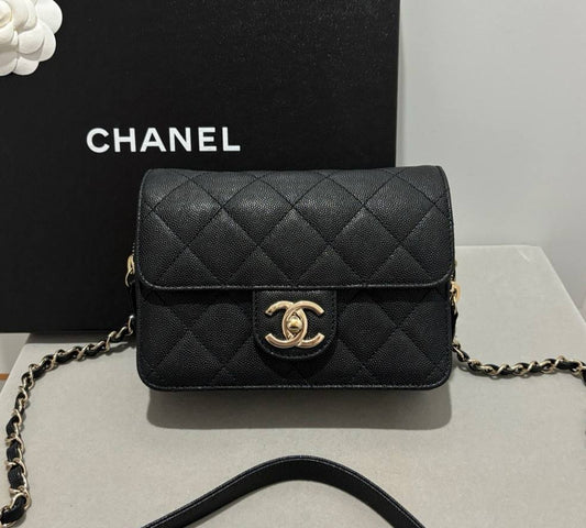 CHANEL 22C Mini Square in Black Caviar GHW - microchip