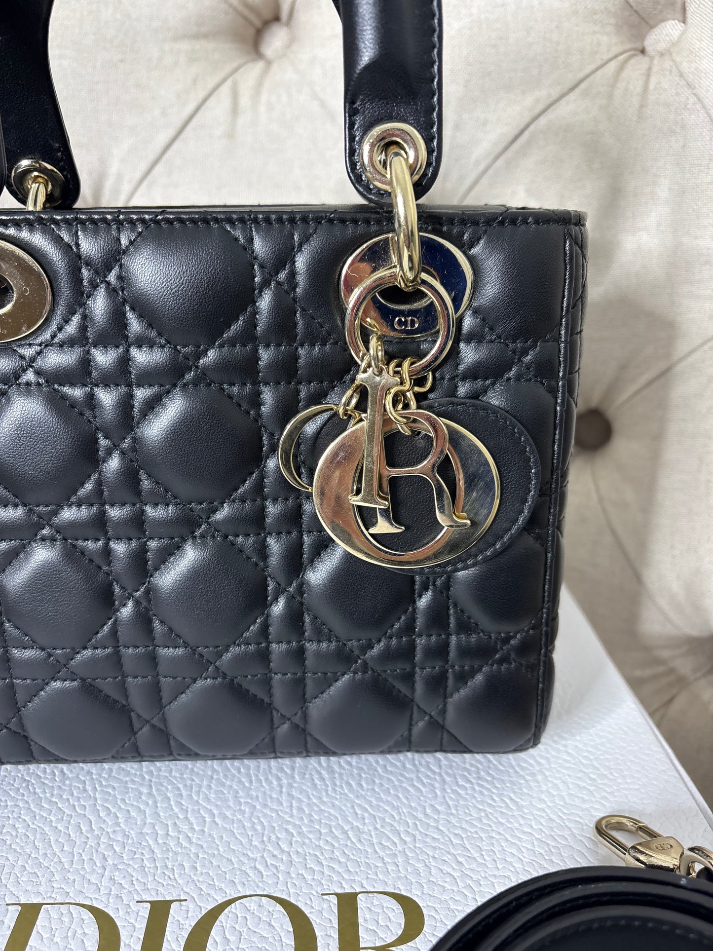 Small Lady Dior in Black Cannage Lambskin GHW. Comes with box