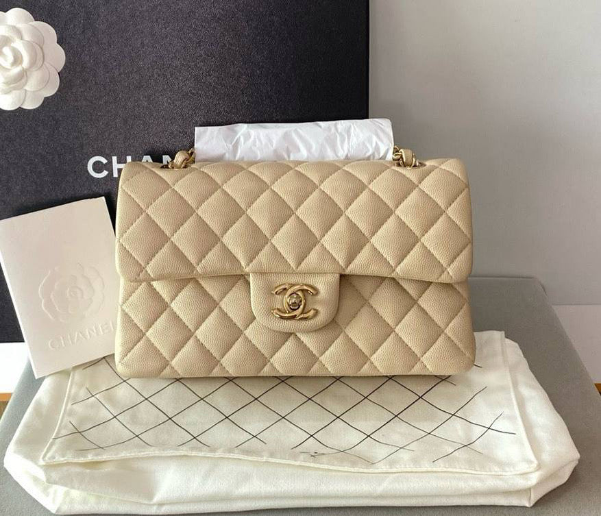 CHANEL 23P Classic Flap Small in Beige Caviar GHW - microchip.