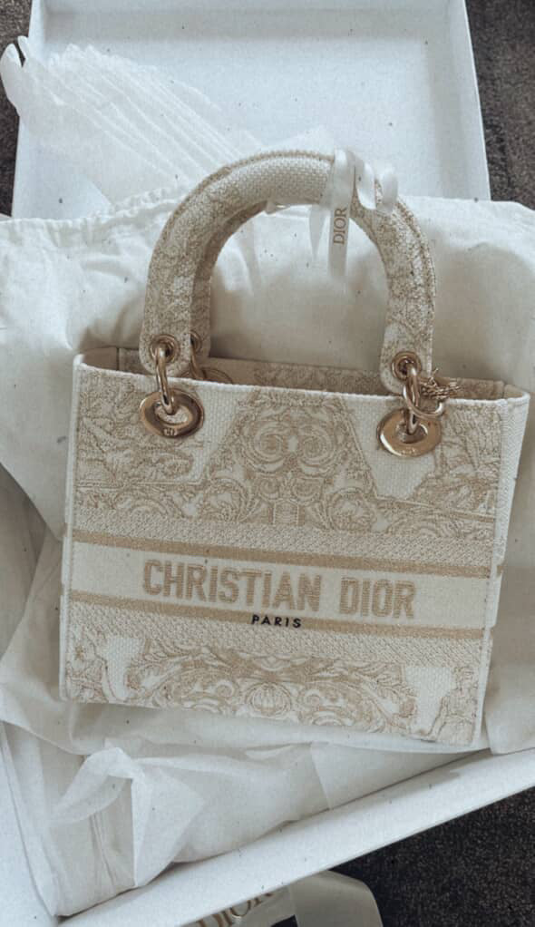 Christian Dior Medium Lady dior in white gold canvas handbag GHW