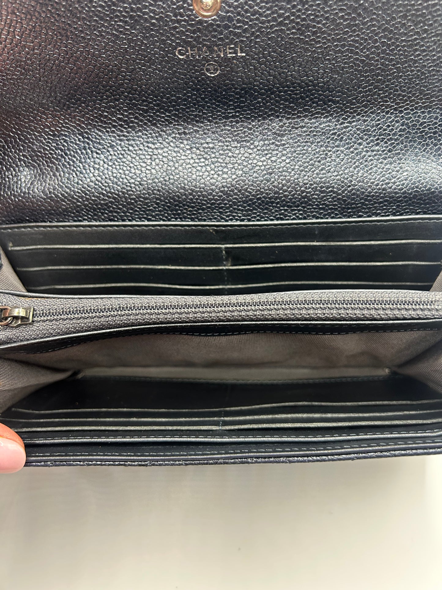 Chanel Long Flap Grey Wallet in Caviar Leather SHW
